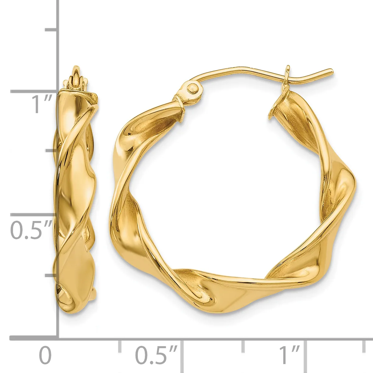 Pair of gold twisted hoop earrings with posts and backs, displayed next to a measurement scale showing approximately one inch in length.