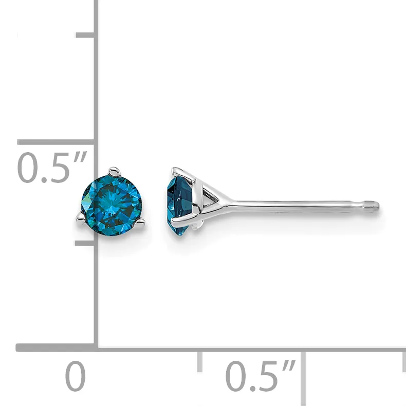 A pair of blue gemstone stud earrings in silver metal settings shown next to a measurement ruler indicating approximately 0.5 inches in diameter.
