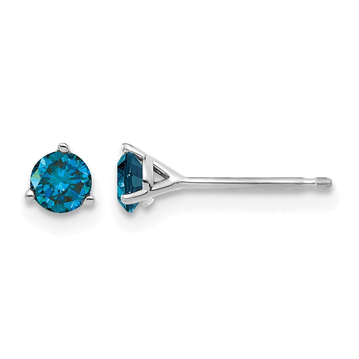 A pair of blue topaz stud earrings in silver, shown from front and side views with round faceted stones set in three-prong settings.
