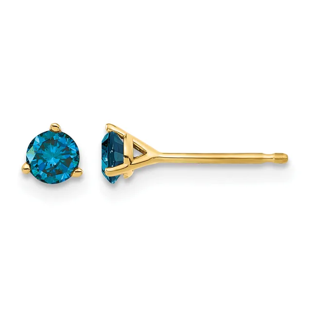 Pair of blue topaz stud earrings with round brilliant-cut stones set in yellow gold posts, shown from front and side views.