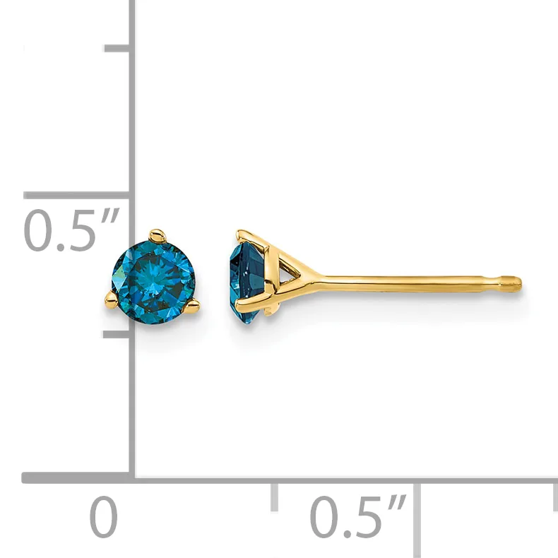 Pair of round blue topaz stud earrings in gold-tone metal settings displayed next to a ruler showing approximately 0.5 inches in diameter.