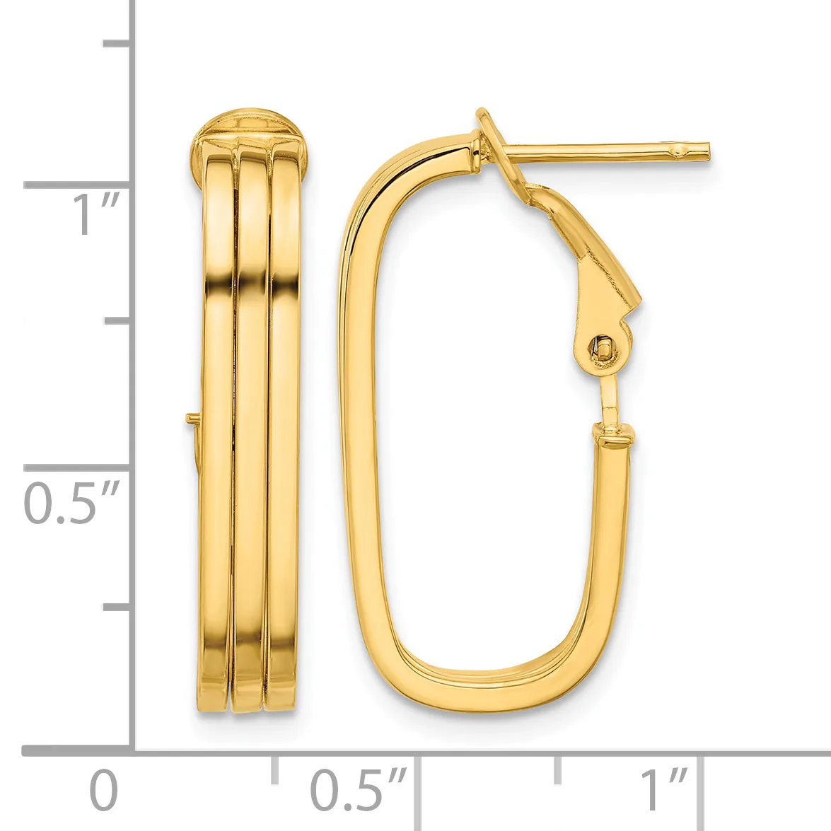 A pair of polished gold hoop earrings with ridged texture and hinged closures, displayed next to a measurement scale showing approximately one inch in length.