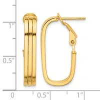 A pair of polished gold hoop earrings with ridged texture and hinged closures, displayed next to a measurement scale showing approximately one inch in length.