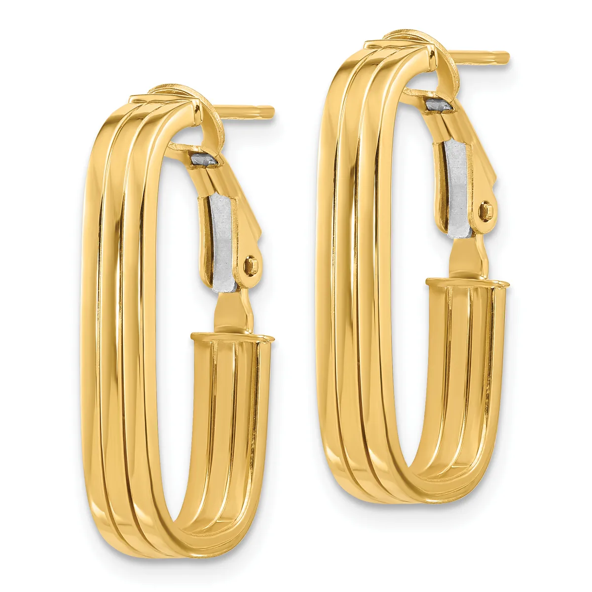 A pair of gold hoop earrings with multiple parallel ridged bands and hinged clasp closures, shown from the front.