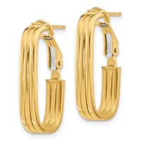 A pair of gold hoop earrings with multiple parallel ridged bands and hinged clasp closures, shown from the front.