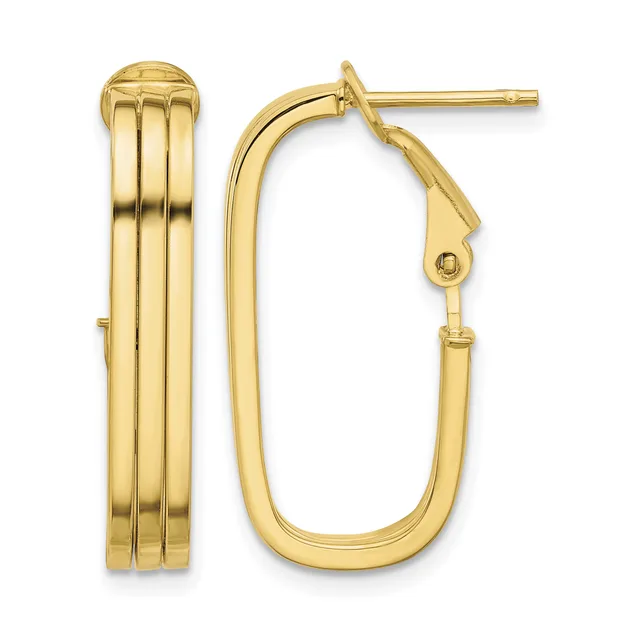A pair of gold hoop earrings with ribbed texture on the front and smooth backs, shown from the front and side view.