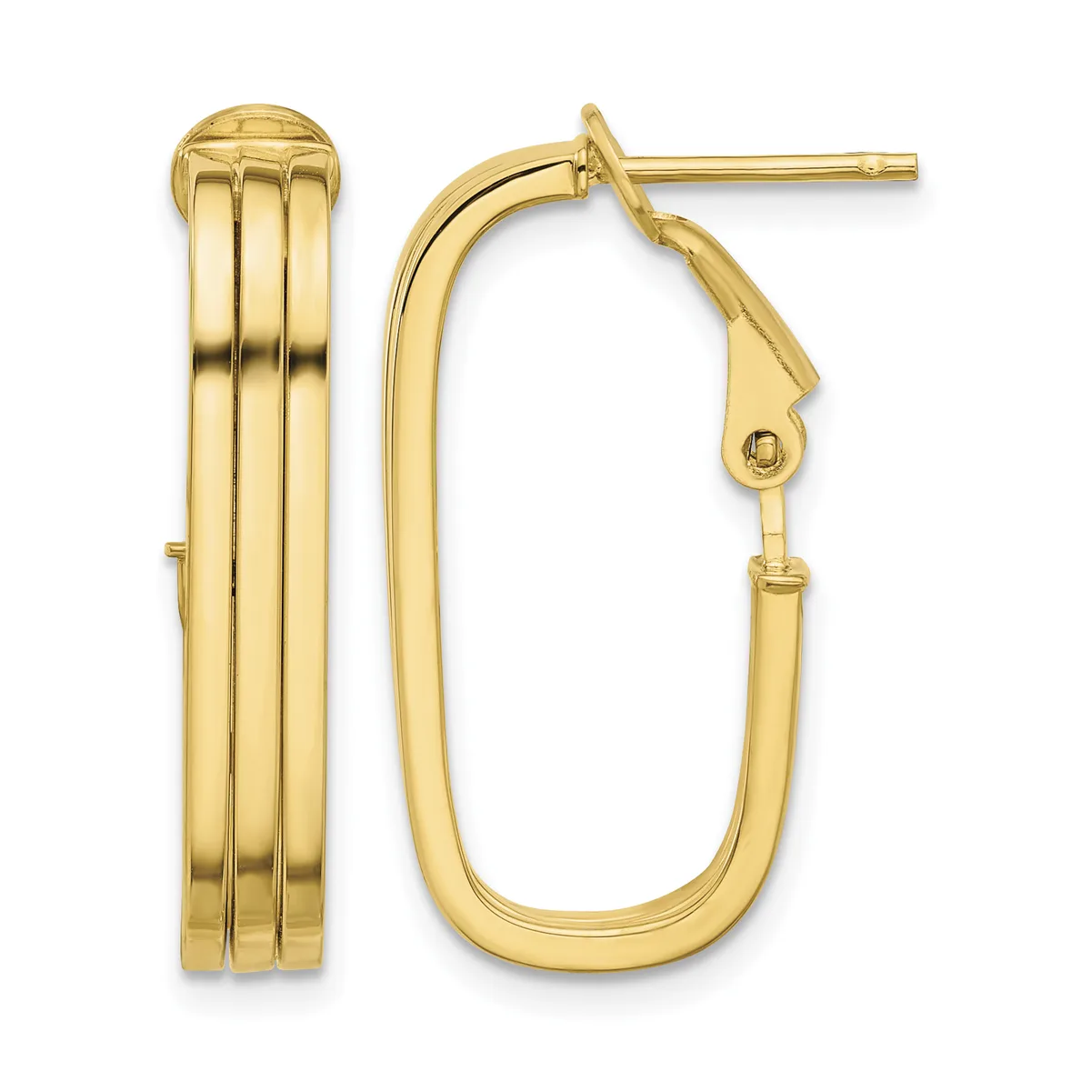 A pair of gold hoop earrings with ribbed texture on the front and smooth backs, shown from the front and side view.