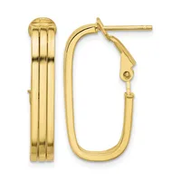 A pair of gold hoop earrings with ribbed texture on the front and smooth backs, shown from the front and side view.