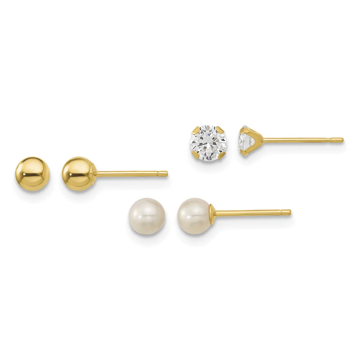 Three pairs of gold stud earrings displayed in a row: polished gold spheres, round white pearls, and round clear cubic zirconia stones in prong settings.