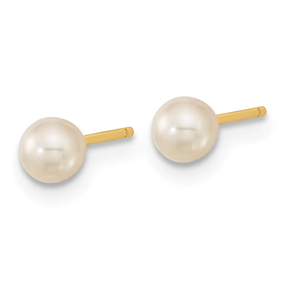 A pair of white pearl stud earrings with gold posts and backs, displayed against a white background.