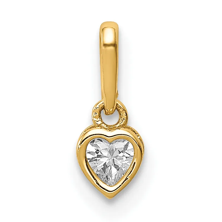 A gold heart-shaped pendant with a bezel-set clear gemstone, suspended from a plain gold bail.