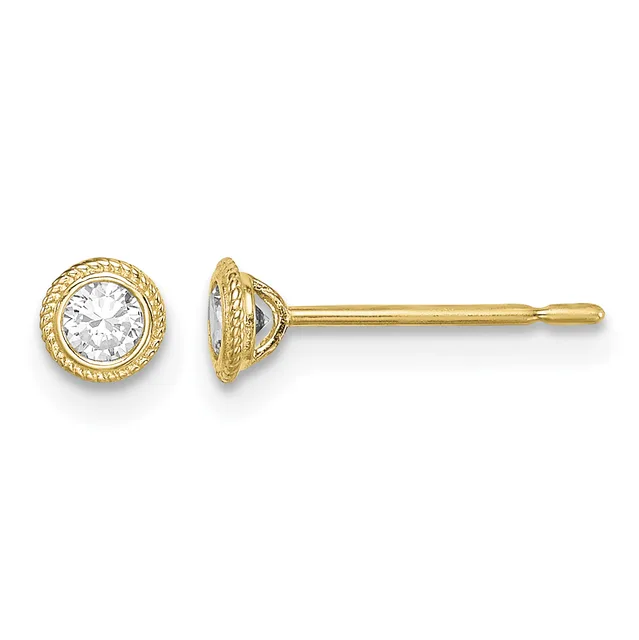 Pair of gold stud earrings with round clear cubic zirconia stones set in textured bezels, shown from front and side views.