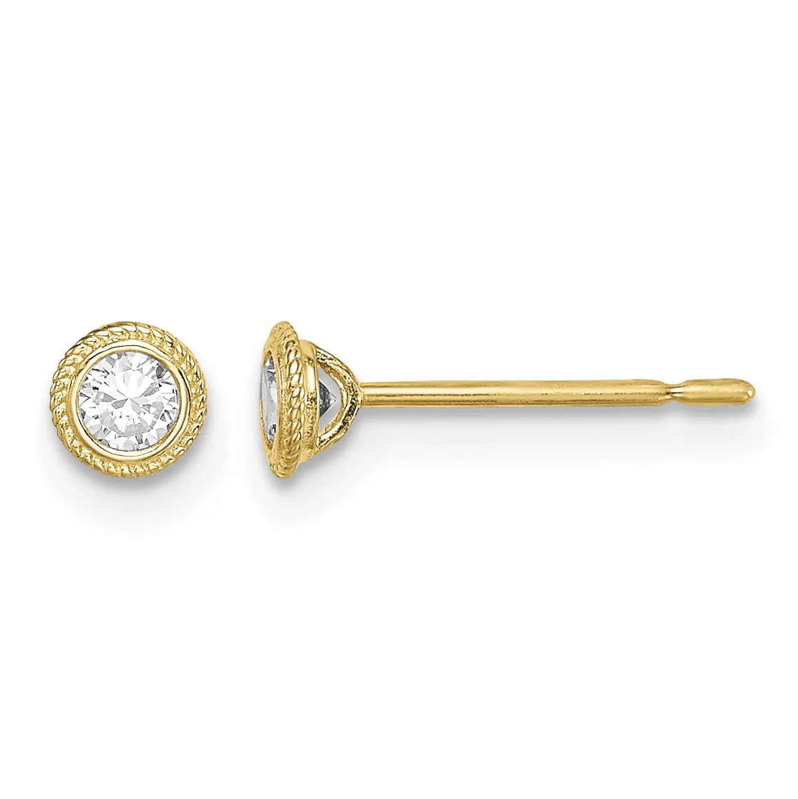 Pair of gold stud earrings with round clear cubic zirconia stones set in textured bezels, shown from front and side views.