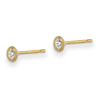 A pair of gold stud earrings with oval-cut clear gemstones surrounded by textured gold bezels, shown against a white background.