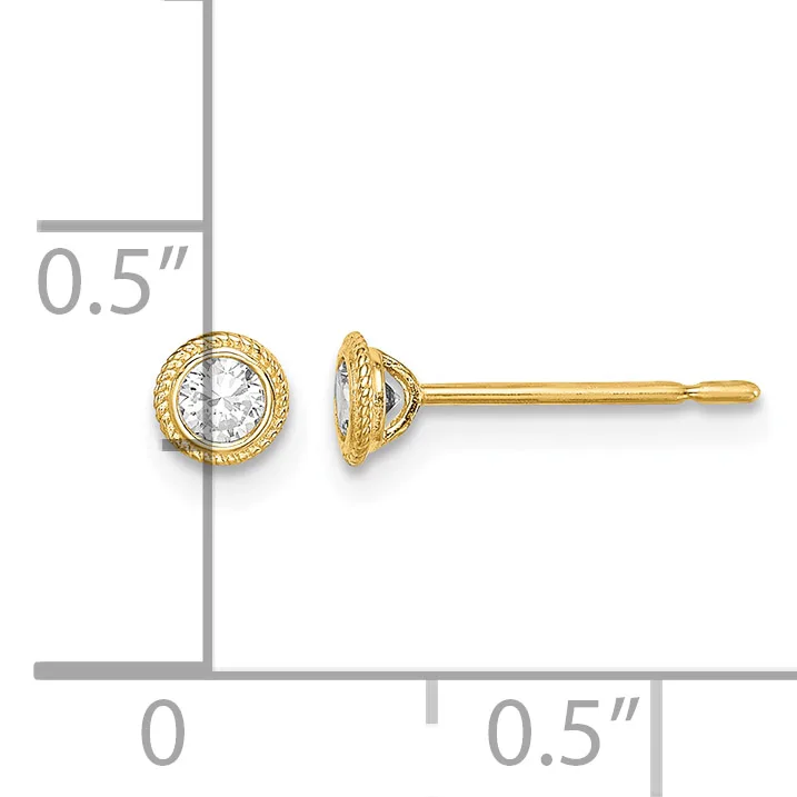 Gold-tone stud earrings with round cubic zirconia stones in textured bezels, shown from front and side views with a measurement scale indicating approximately 0.5 inches in diameter.