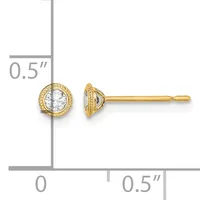 Gold-tone stud earrings with round cubic zirconia stones in textured bezels, shown from front and side views with a measurement scale indicating approximately 0.5 inches in diameter.