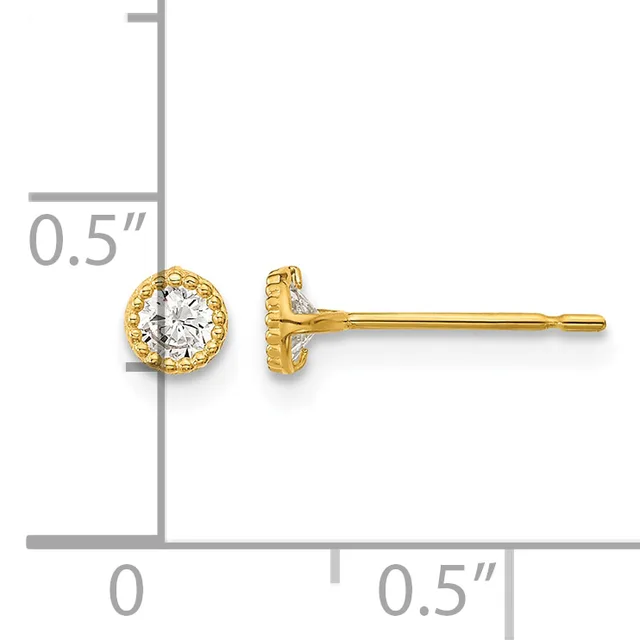 Pair of gold stud earrings with round diamond centers surrounded by textured gold bezels, shown with measurement scale indicating approximately 0.5 inch diameter.