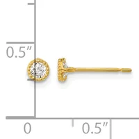 Pair of gold stud earrings with round diamond centers surrounded by textured gold bezels, shown with measurement scale indicating approximately 0.5 inch diameter.