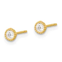 A pair of gold stud earrings with round clear gemstones surrounded by textured gold bezels, shown against a white background.