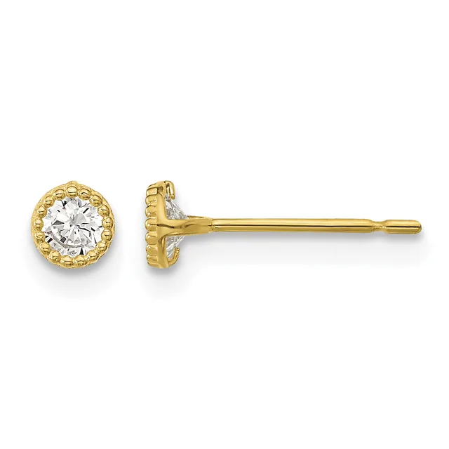 Pair of gold stud earrings with round clear cubic zirconia centers surrounded by textured gold bezels, shown from front and side views.