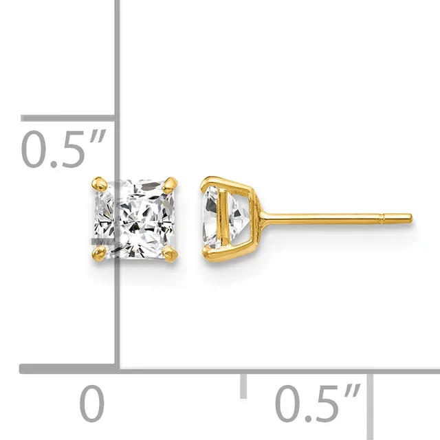 Pair of gold stud earrings with square-cut clear stones, shown front and side view with a measurement scale indicating approximately 0.5 inches.