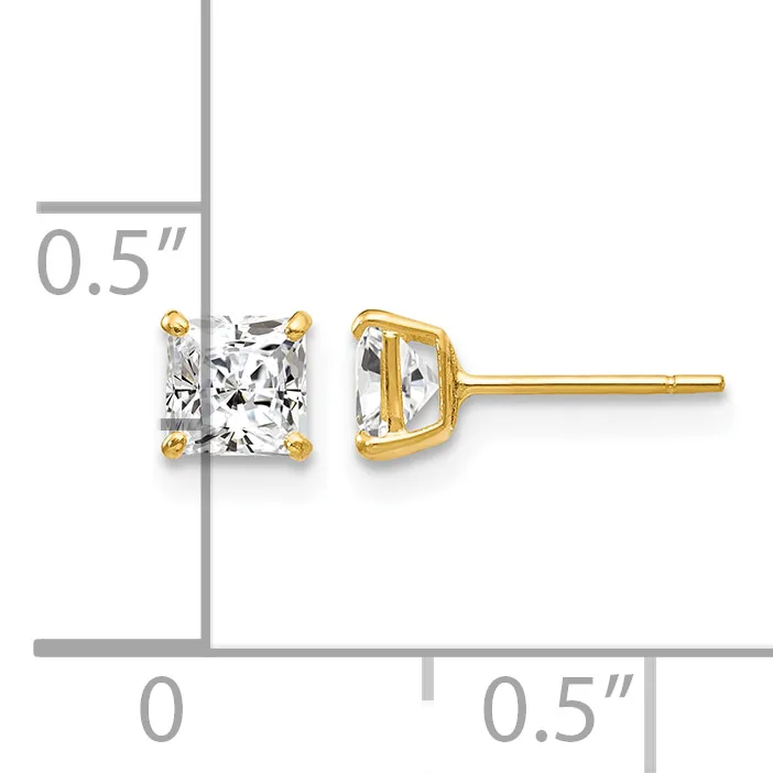 Pair of gold stud earrings with square-cut clear stones, shown front and side view with a measurement scale indicating approximately 0.5 inches.