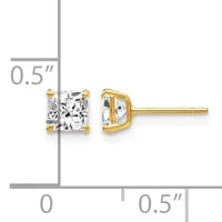 Pair of gold stud earrings with square-cut clear stones, shown front and side view with a measurement scale indicating approximately 0.5 inches.