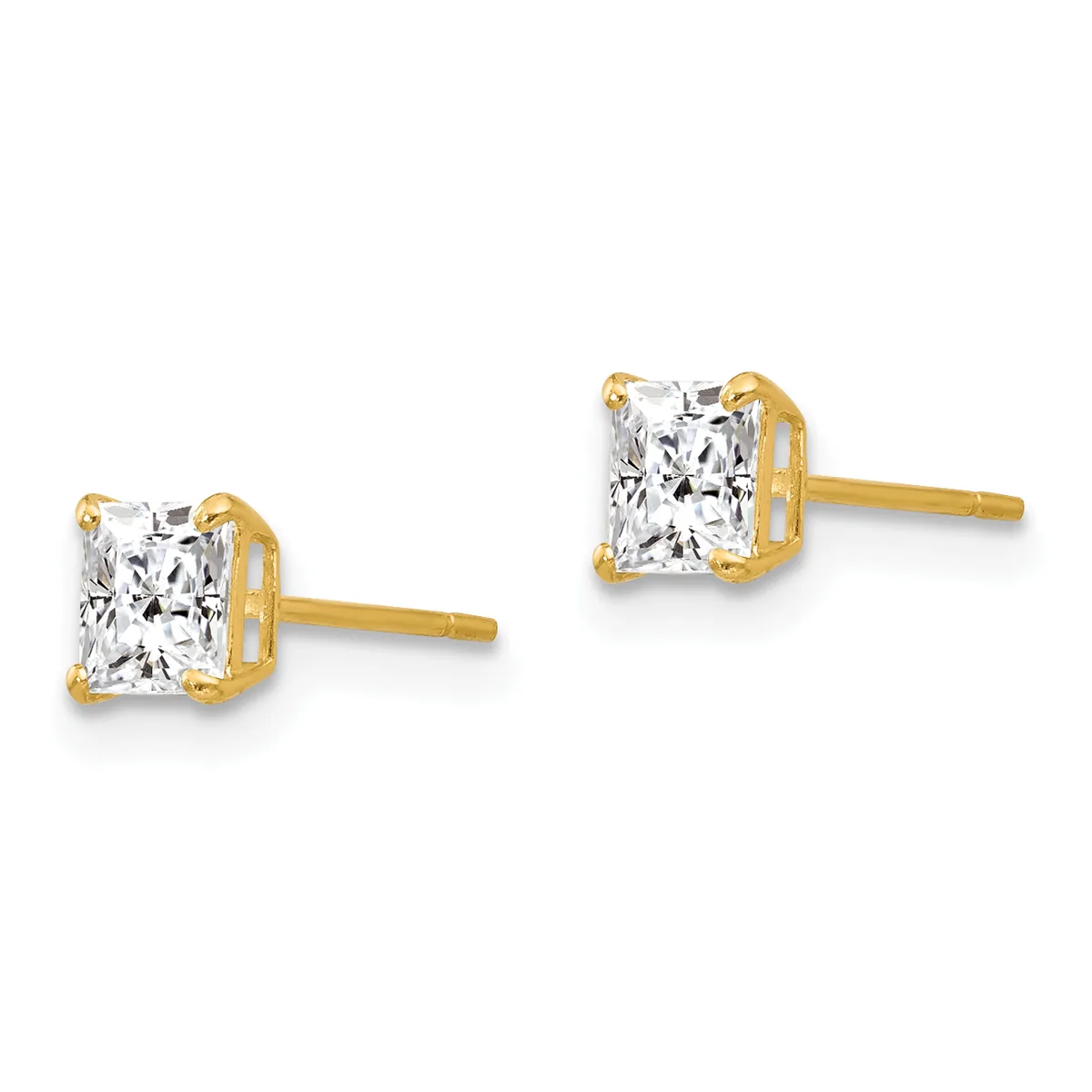 Pair of gold stud earrings with square-cut clear crystals set in four-prong gold settings on post backs.
