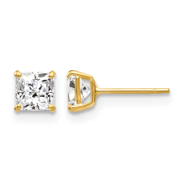 A pair of gold stud earrings with square-cut clear crystals set in four-prong gold settings, shown from front and side views.