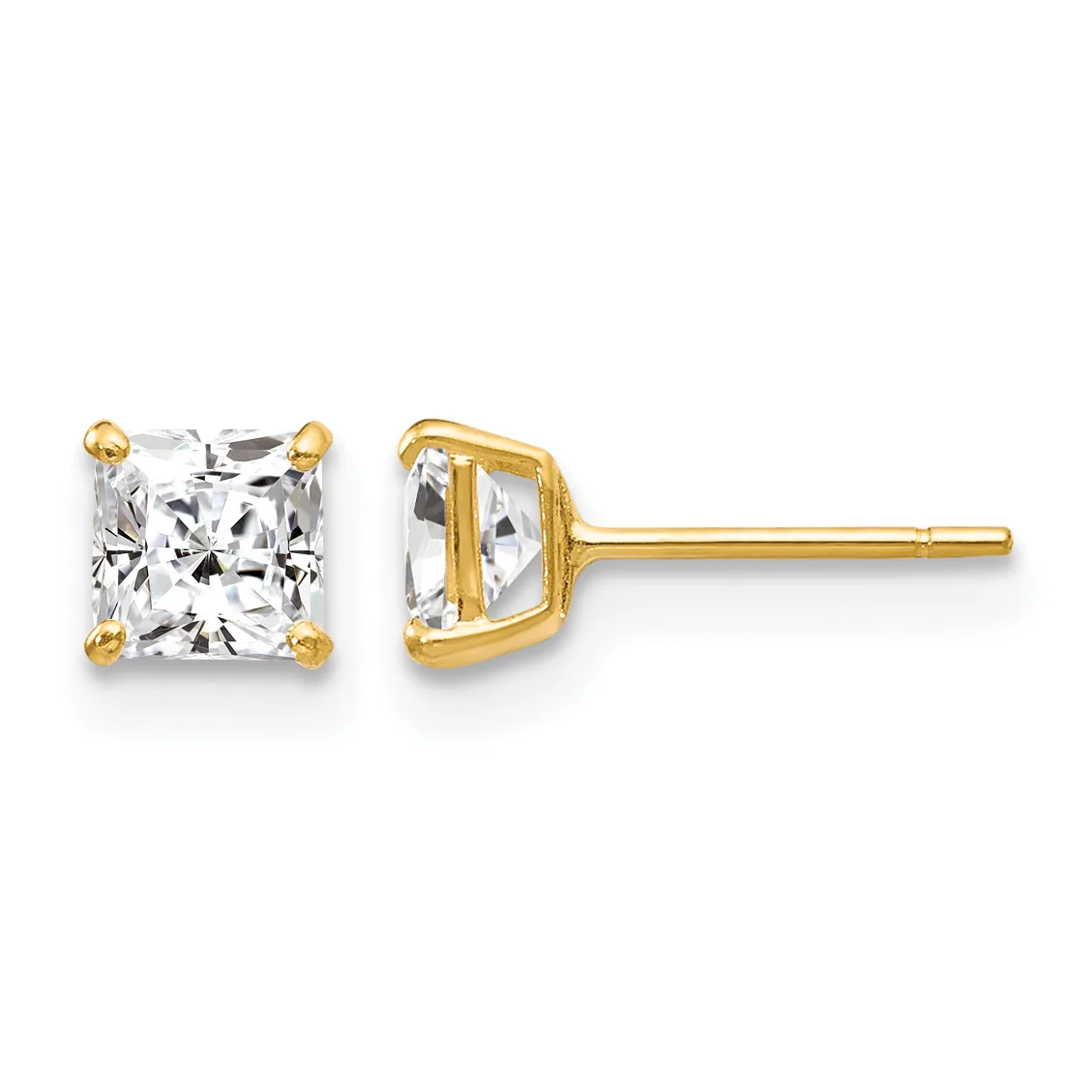 A pair of gold stud earrings with square-cut clear crystals set in four-prong gold settings, shown from front and side views.
