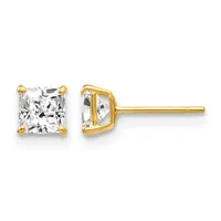A pair of gold stud earrings with square-cut clear crystals set in four-prong gold settings, shown from front and side views.