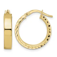 Pair of gold hoop earrings shown from front and side views, with polished and textured finishes and post-and-clutch closures.