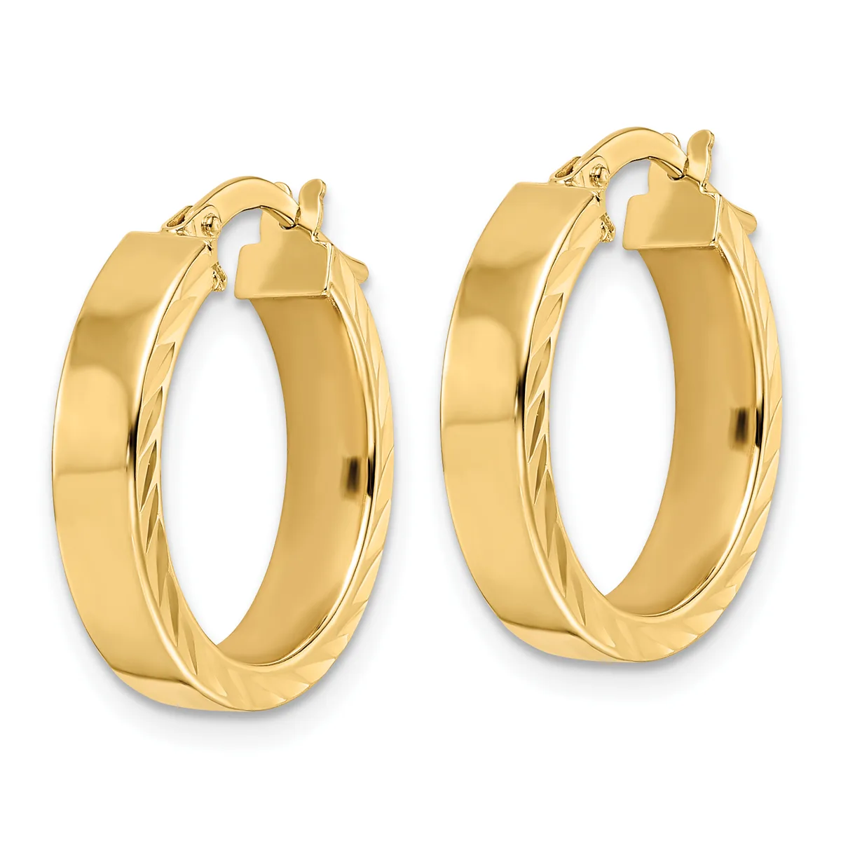 A pair of polished gold hoop earrings with twisted detailing on the inner surface, displayed side by side against a white background.