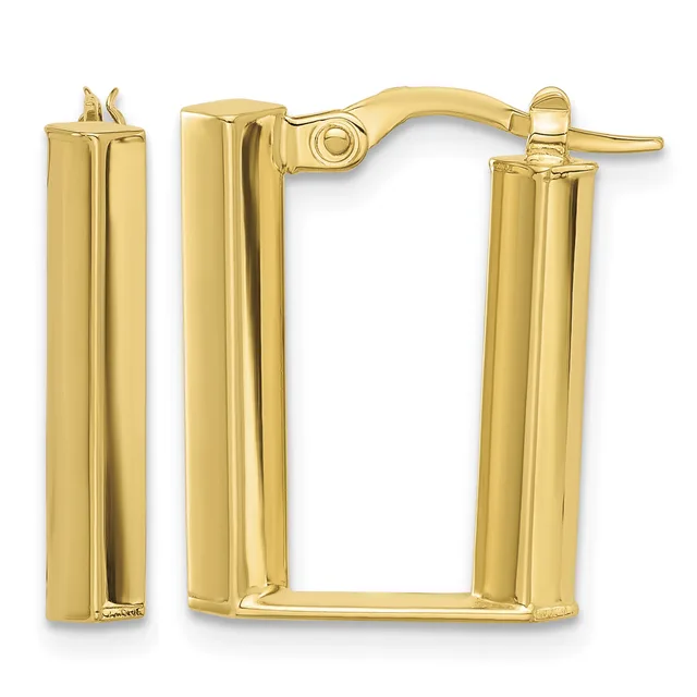 A pair of polished gold rectangular tube hoop earrings with a hinged clasp closure, shown from the front.