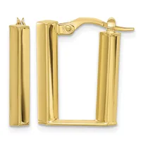 A pair of polished gold rectangular tube hoop earrings with a hinged clasp closure, shown from the front.