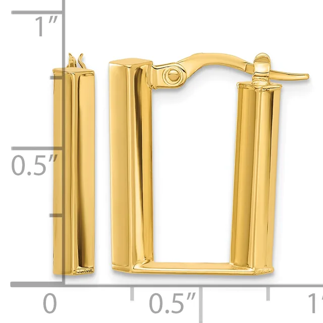 Gold-toned rectangular tubular hoop earrings with hinged closures, shown with a measurement scale indicating approximately one inch in height and half inch in width.