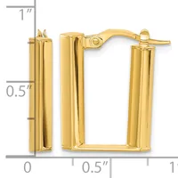 Gold-toned rectangular tubular hoop earrings with hinged closures, shown with a measurement scale indicating approximately one inch in height and half inch in width.
