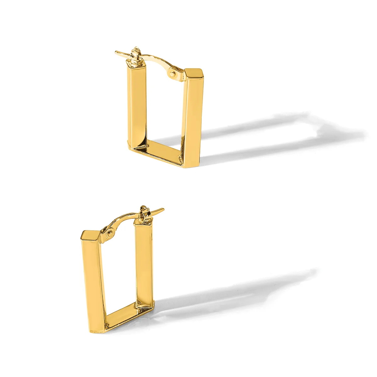 Two pairs of gold rectangular tube hoop earrings shown from different angles, each featuring a hollow square design with post and clutch closures.