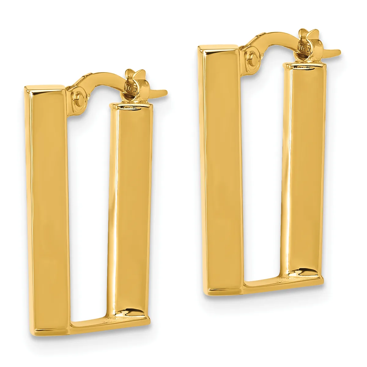 A pair of polished gold rectangular tube hoop earrings with post and clutch closures, shown from the front.