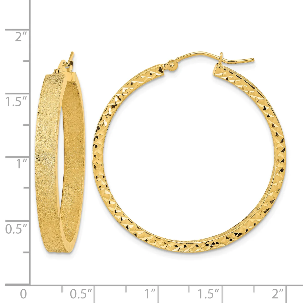 Two gold hoop earrings displayed against a measurement scale, one shown from the side and one from the front, featuring a textured diamond-cut surface pattern.