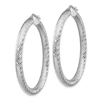 A pair of silver hoop earrings with a twisted texture pattern, shown against a white background.