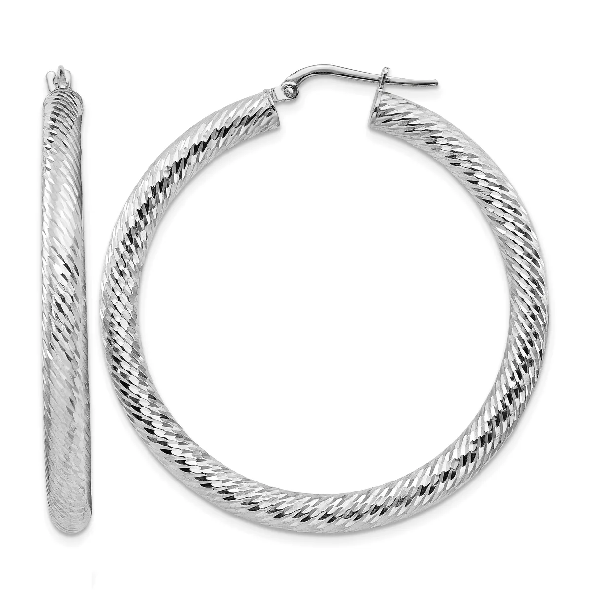 A pair of twisted silver hoop earrings with post and clutch closures, shown from the front and side views.