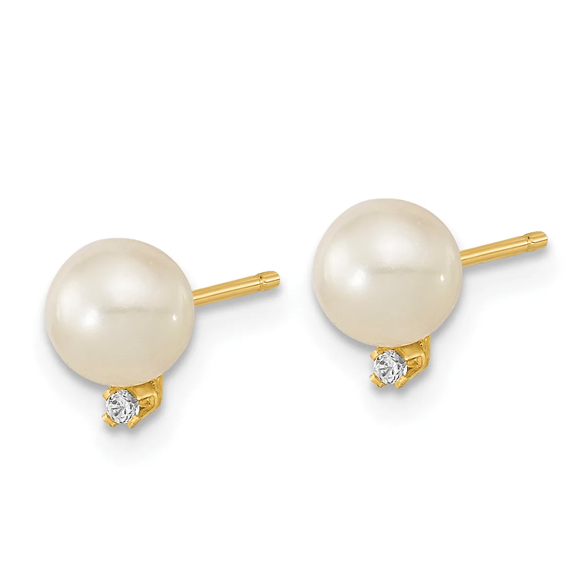 Pair of gold stud earrings with round cream pearls and small diamond accents below each pearl.