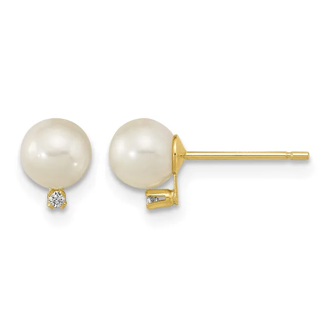Pair of gold stud earrings featuring round cream pearls with small diamond accents below each pearl.