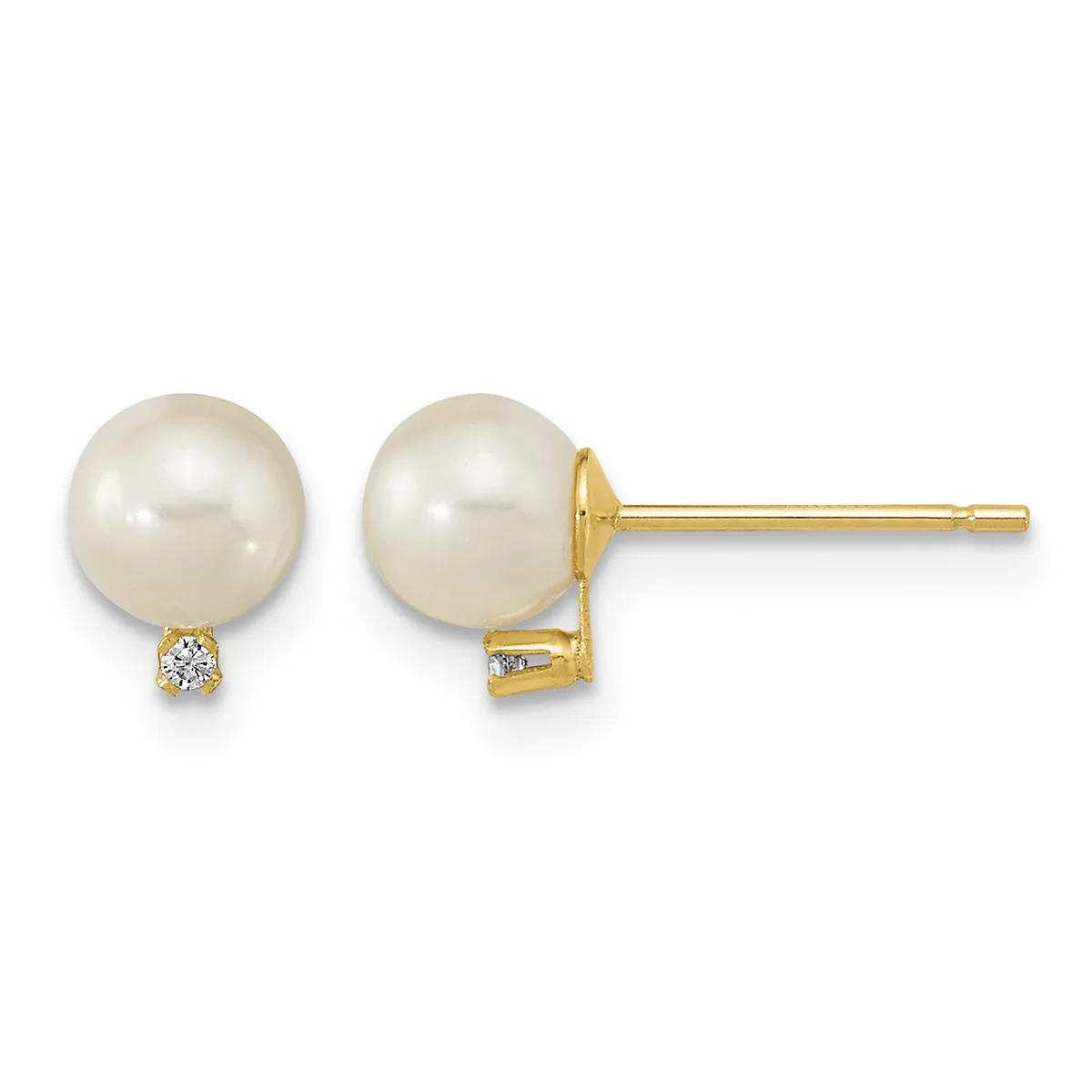 Pair of gold stud earrings featuring round cream pearls with small diamond accents below each pearl.