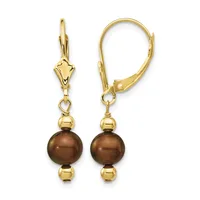 A pair of gold leverback earrings with brown spherical beads suspended between smaller gold beads and a decorative gold cap at the top.