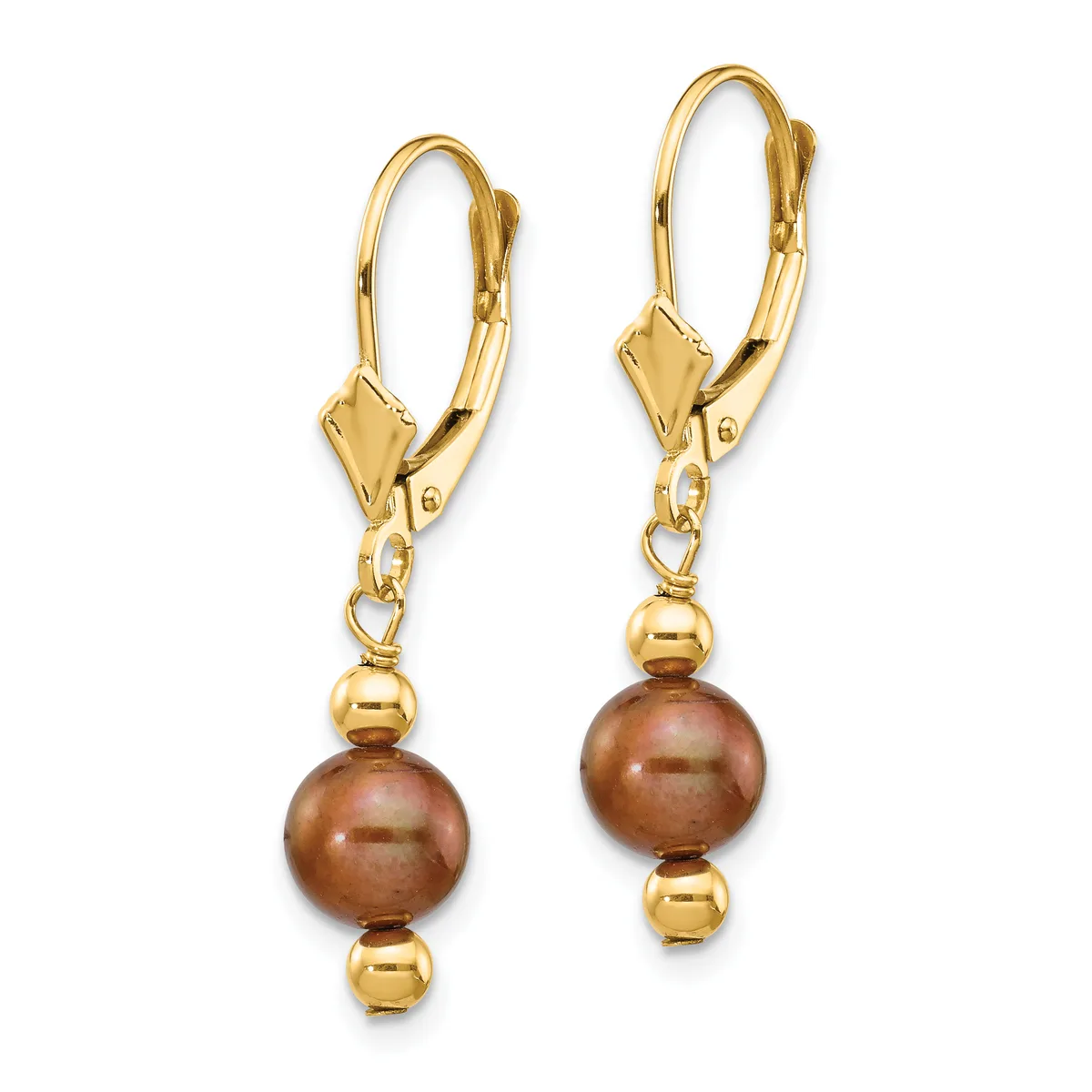 A pair of gold lever-back earrings with brown pearl drops and small gold bead accents, shown against a white background.