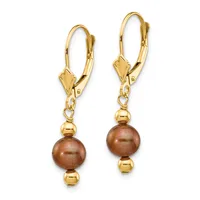 A pair of gold lever-back earrings with brown pearl drops and small gold bead accents, shown against a white background.