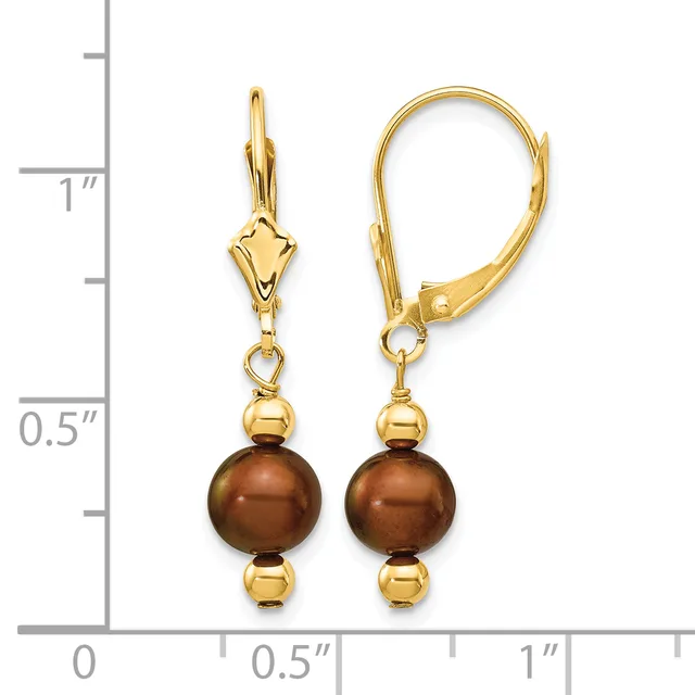Gold-toned leverback earrings with brown pearl drops and gold spacer beads, shown next to a measurement ruler indicating approximately one inch in length.
