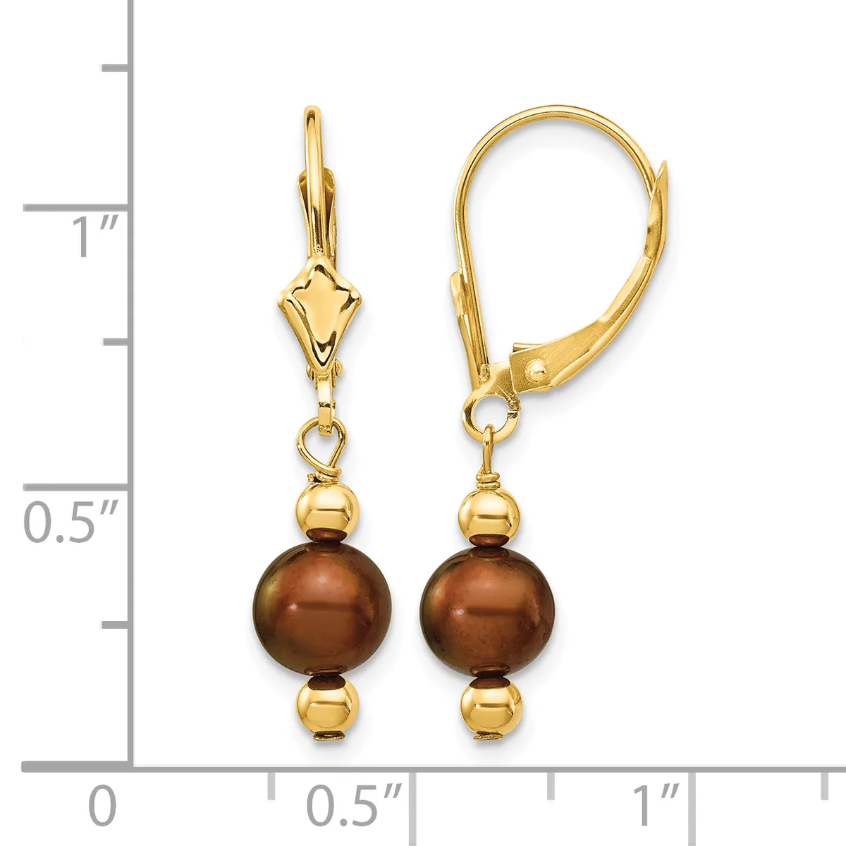 Gold-toned leverback earrings with brown pearl drops and gold spacer beads, shown next to a measurement ruler indicating approximately one inch in length.